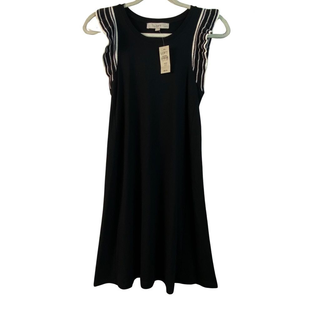 Loft NWT Black and White Sleeveless Ruffle Sleeve A-line Midi Dress Size XXSP